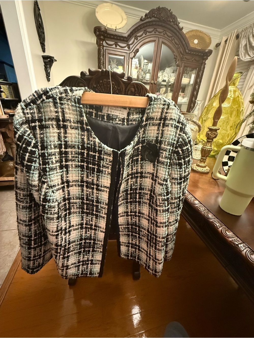 Tahari Black and White Bouclé Plaid Open-Front Jacket